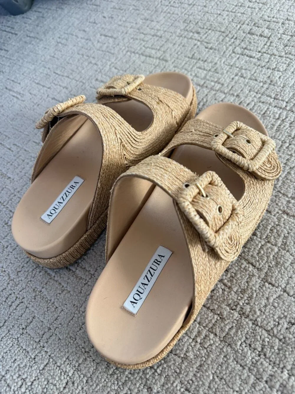 Aquazzura Raffia Platform Sandals Double Buckle Slide Natural Tan Size 38 Excell